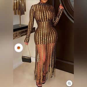 Sequin Fringe Gold Party Dress 3X